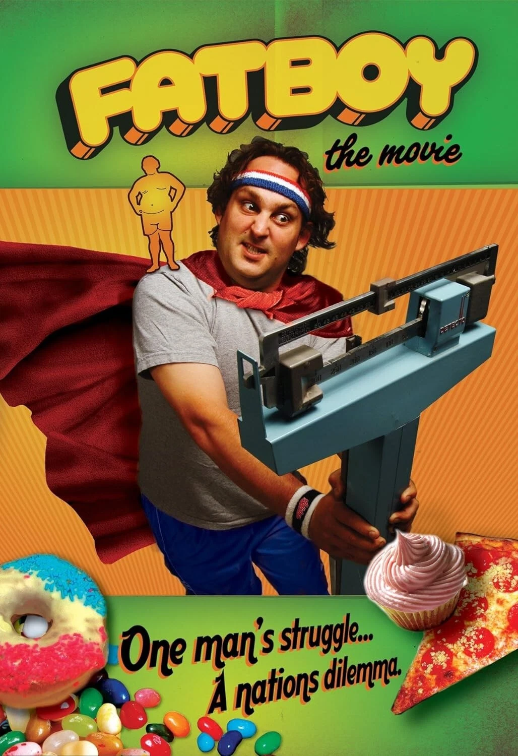 Fatboy: The Movie original poster: Miles in a superhero cape holding a scale