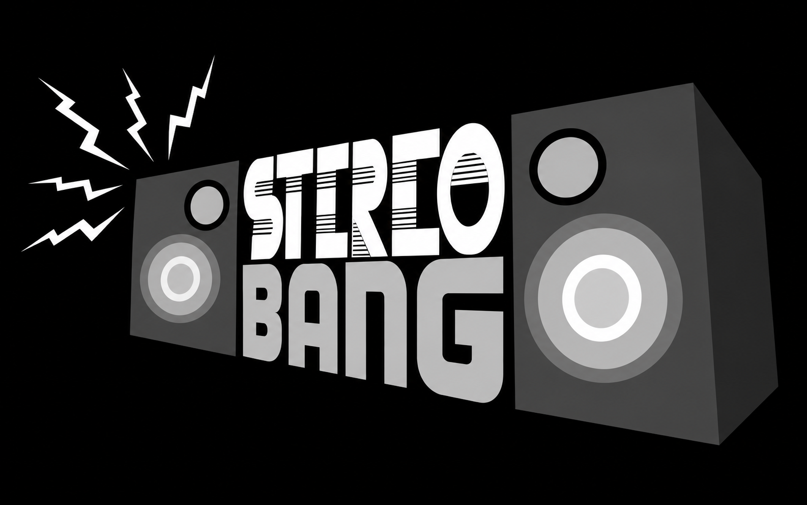 Stereo Bang logo with two speakers and lightning bolts